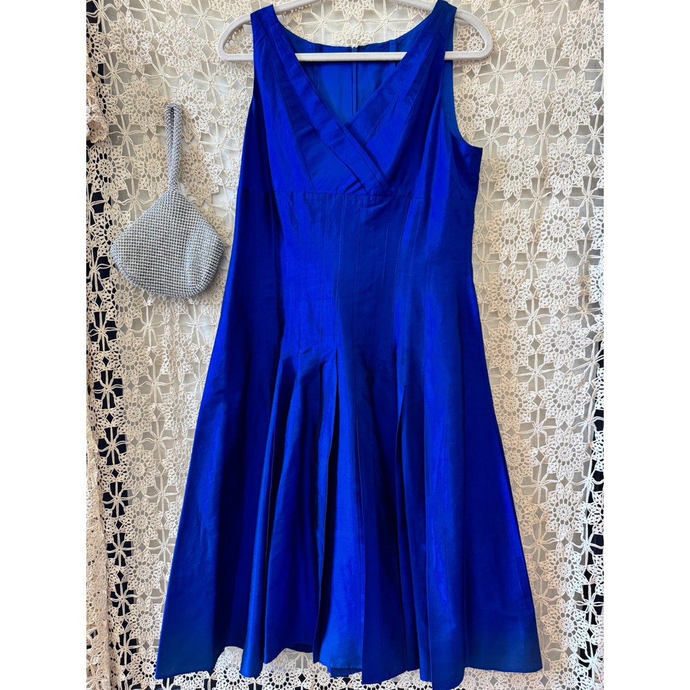 Electric Blue 100% Silk Sleeveless Pleated V-Neck Midi Cocktail Dress